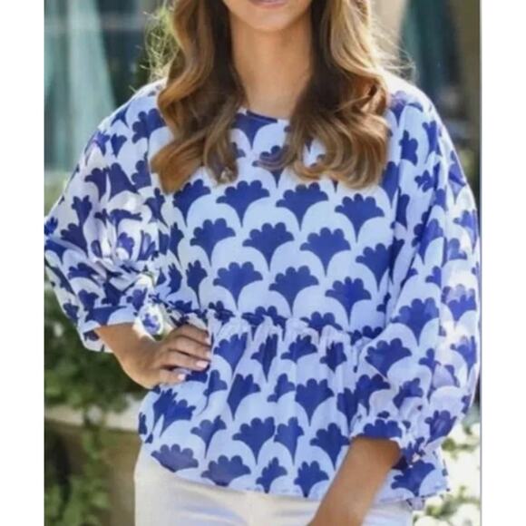 J Marie Womens Pippa Peplum Blouse Size L Blue Abstract Dopamine Preppy Relaxed - Picture 1 of 12